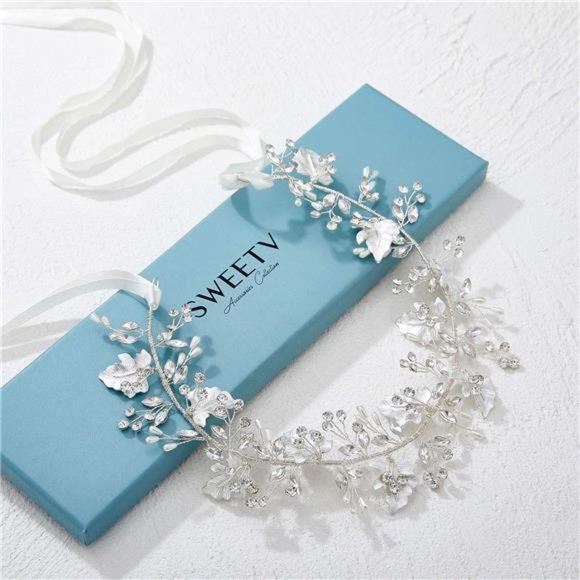SWEETV Handmade Leaf Wedding Headpieces for Bride Hair Accessories Crystal